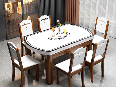 Elegant Oval Dining Table Set With Six Wooden Chairs Decorative Backrests And White Upholstery 3d model