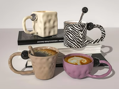 Textured Cups With Beige Purple Zebra Print Coffee Spoon And Latte Art On Stacked Books 3d model