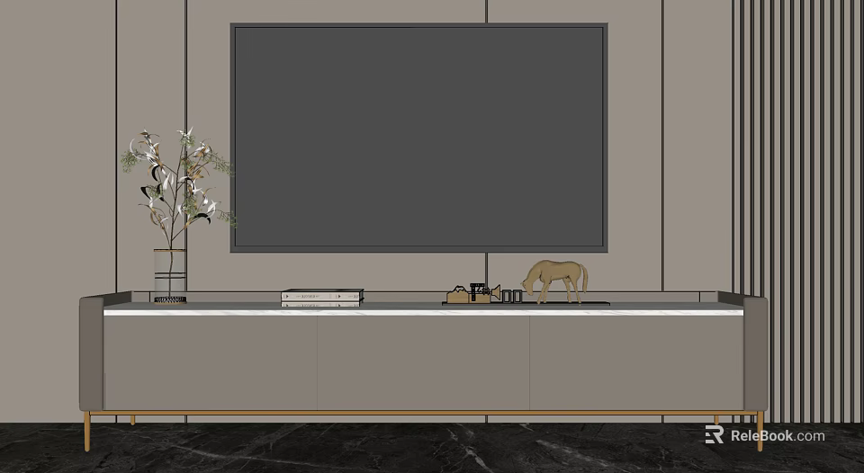 Modern TV Stand Setup With Large TV Screen Vase Books And Decorative Horse Figurine 3d model 
