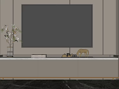 Modern TV Stand Setup With Large TV Screen Vase Books And Decorative Horse Figurine 3d model