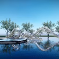 Modern Sleek Landscape Sculpture With Curved Design Water Reflection And Trees Under Blue Sky