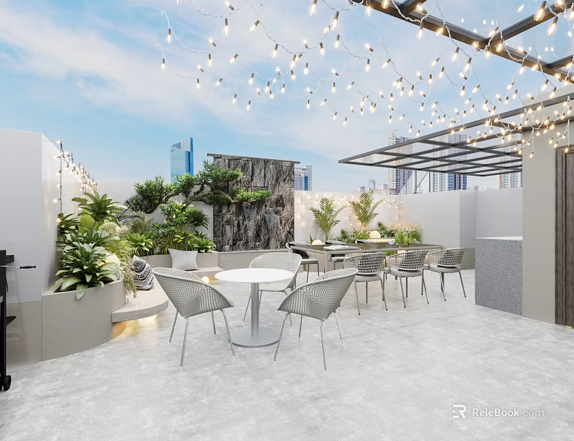 Rooftop Garden Landscape With Lush Plants Tables Chairs Hanging String Lights And Modern City Background 3d model 