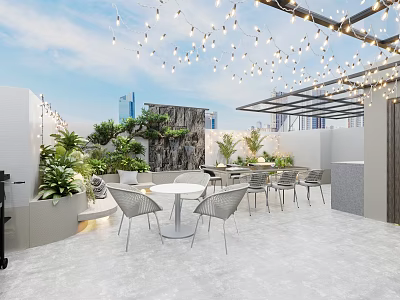 Rooftop Garden Landscape With Lush Plants Tables Chairs Hanging String Lights And Modern City Background 3d model