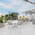 Rooftop Garden Landscape With Lush Plants Tables Chairs Hanging String Lights And Modern City Background