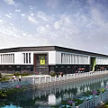 Modern Commercial Street With Waterfront View Pedestrians Willow Trees And Shops