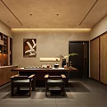 Traditional Teahouse Interior Design Featuring Wooden Table Chairs Tea Sets Display Shelves And Green Plant