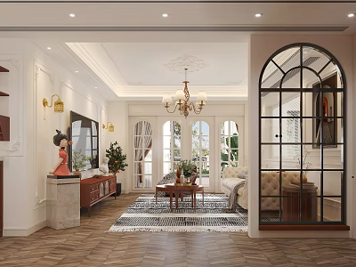 Elegant French Style Living And Dining Room With Arched Windows And Comfortable Vintage Home Decor 3d model