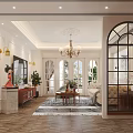 Elegant French Style Living And Dining Room With Arched Windows And Comfortable Vintage Home Decor