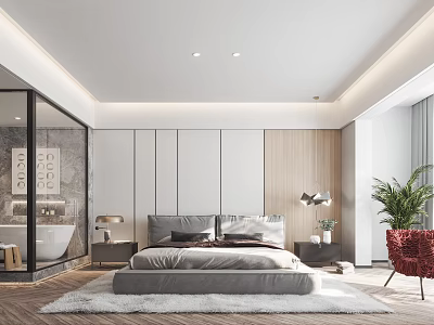 Modern Hotel Room With King Bed Plush Rug Nightstand Floor Lamp Green Plant And Open Bathroom 3d model