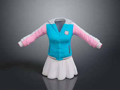 Blue And Pink Hooded Jacket With White Skirt And Logo Fashion Outfit 3d model