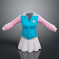 Blue And Pink Hooded Jacket With White Skirt And Logo Fashion Outfit