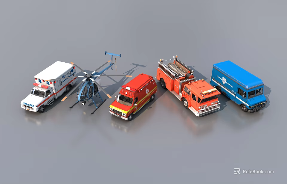 Collection of Functional Vehicles Including Ambulance Helicopter Fire Truck and Blue Truck 3d model 