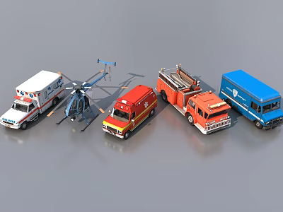 Collection of Functional Vehicles Including Ambulance Helicopter Fire Truck and Blue Truck 3d model