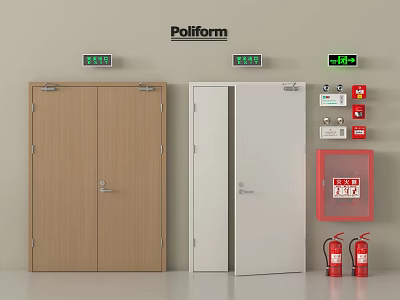 Fire Safety Equipment With Wooden And White Fire Doors Red Extinguishers And Green Exit Signs 3d model