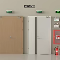 Fire Safety Equipment With Wooden And White Fire Doors Red Extinguishers And Green Exit Signs