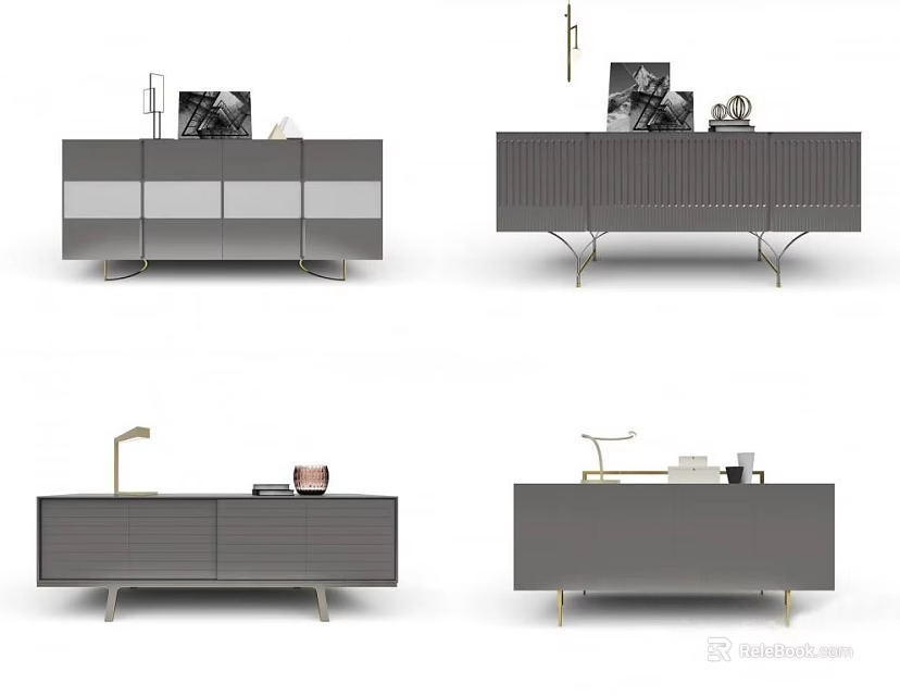 Modern Gray TV Stand With Storage Cabinets Decorative Table Lamp And Photo Frames 3d model 
