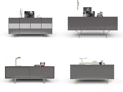 Modern Gray TV Stand With Storage Cabinets Decorative Table Lamp And Photo Frames 3d model