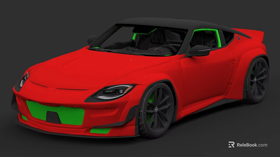 Red Sports Car With Green Accents Black Roof And Sporty Design Details 3d model 