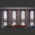 Cartoon Scene of Vintage Interior with Arched Windows Columns Red Tables and Bar Counter
