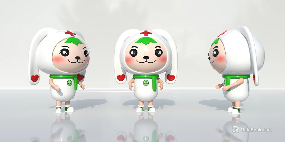 Cute Game Movie Cartoon Rabbit Character With White Hat Red Cross Green Scarf Red Heart 3d model 