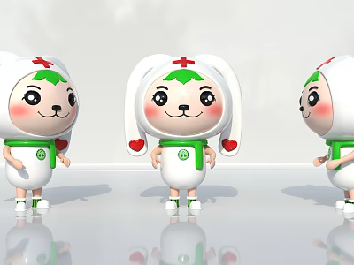 Cute Game Movie Cartoon Rabbit Character With White Hat Red Cross Green Scarf Red Heart 3d model