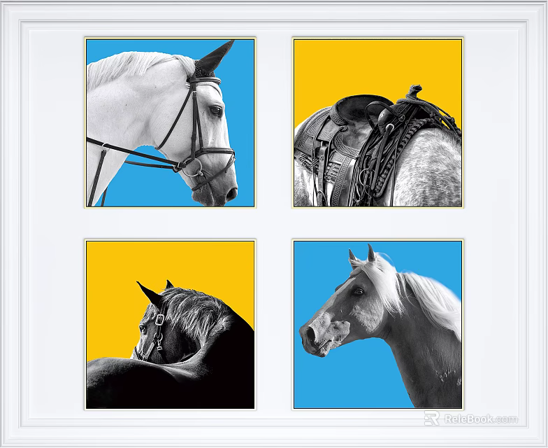 Four Square Animal Paintings Horse Artworks With Blue Yellow Backgrounds And Saddle Details 3d model 