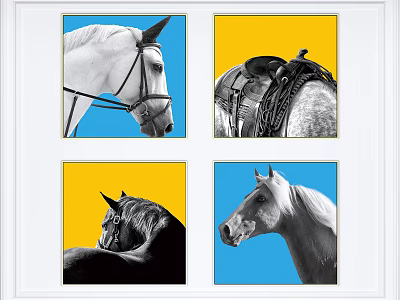 Four Square Animal Paintings Horse Artworks With Blue Yellow Backgrounds And Saddle Details 3d model