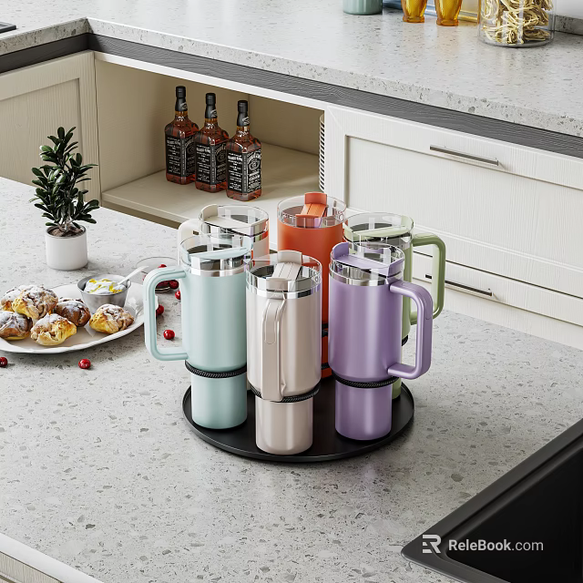 Colorful Insulated Cups on Black Tray with Pastries in Modern Kitchen 3d model 