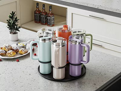 Colorful Insulated Cups on Black Tray with Pastries in Modern Kitchen 3d model