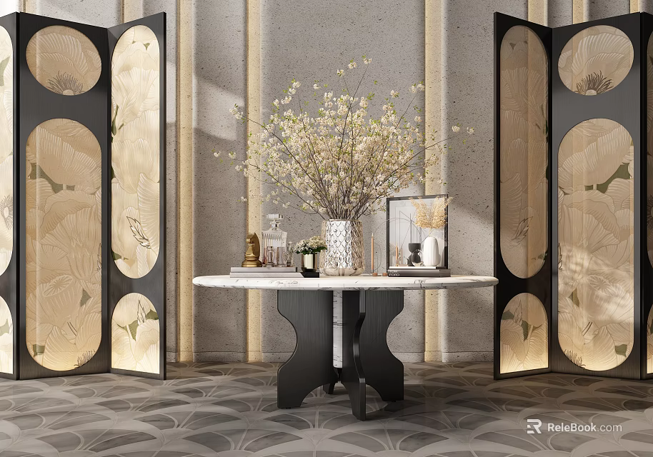 Elegant Decorative Ornament Set In Interior Setting With Marble Table Flower Arrangement And Screens 3d model 