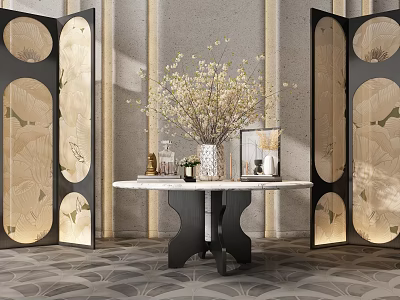 Elegant Decorative Ornament Set In Interior Setting With Marble Table Flower Arrangement And Screens 3d model