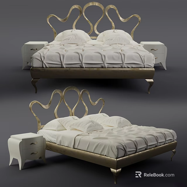 Modern Double Bed With Golden Curved Headboard White Bedding And Matching White Nightstands 3d model 