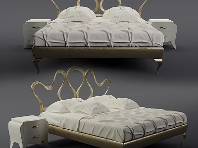 Modern Double Bed With Golden Curved Headboard White Bedding And Matching White Nightstands 3d model