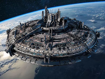 Massive Space Station Orbiting Earth In Outer Space 3d model