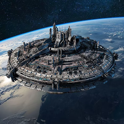 Massive Space Station Orbiting Earth In Outer Space 3d model