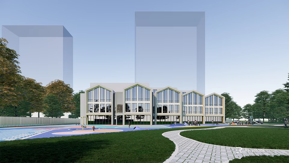 Modern Kindergarten Building With Large Windows Green Lawn Pathway Trees And Tall Buildings 3d model 