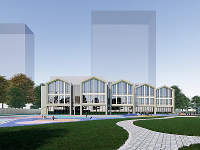 Modern Kindergarten Building With Large Windows Green Lawn Pathway Trees And Tall Buildings 3d model