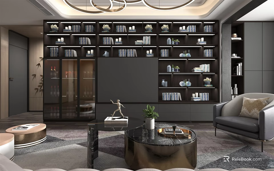 Modern TV Background Cabinet With Glass Doors Bookshelves And Decorative Items 3d model 