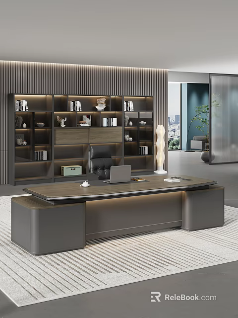 Modern Luxury Office Interior With Boss Desk Bookshelf Laptop And Green Plant 3d model 
