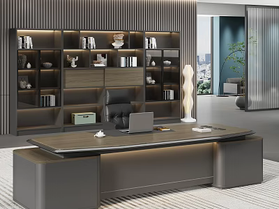 Modern Luxury Office Interior With Boss Desk Bookshelf Laptop And Green Plant 3d model