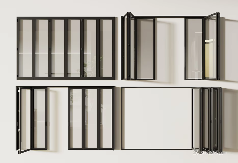Black Frame Folding And Sliding Windows With Glass Panels In Different Open Positions 3d model 