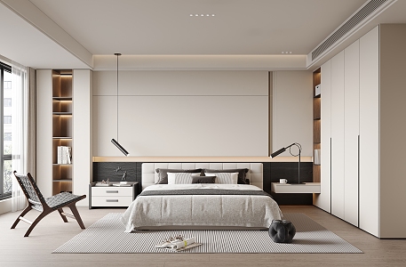 Modern Minimalist Bedroom Double Bed Wardrobe Lamps Lounge Chair 3d model