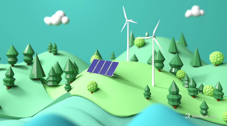 Eco Friendly Children's Play Area With Wind Turbines Solar Panels And Green Hills 3d model 