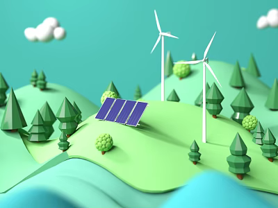 Eco Friendly Children's Play Area With Wind Turbines Solar Panels And Green Hills 3d model
