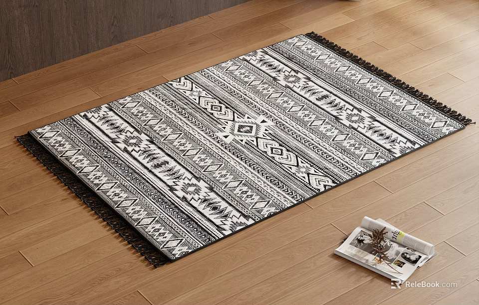 Black And White Square Carpet With Geometric Pattern And Fringed Edges On Wooden Floor 3d model 