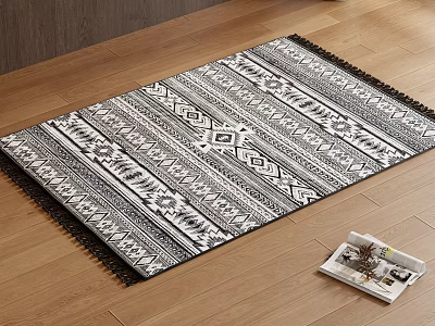 Black And White Square Carpet With Geometric Pattern And Fringed Edges On Wooden Floor 3d model