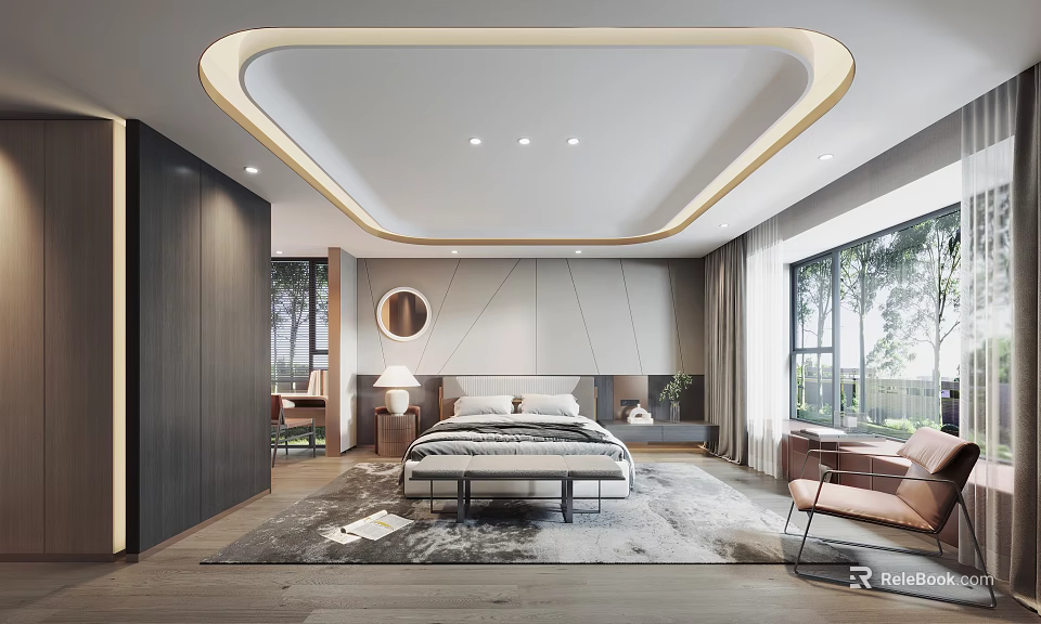 Modern Bedroom Interior Design With Bed Ceiling Lighting Round Mirror Large Windows And Wooden Floor 3d model 