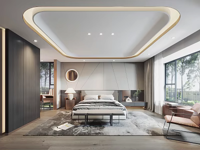 Modern Bedroom Interior Design With Bed Ceiling Lighting Round Mirror Large Windows And Wooden Floor 3d model