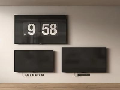 Three Wall Mounted Televisions With Top Screen Time And Bottom Black Screens On Wooden Floor 3d model