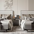 Modern Luxury Bedroom Interior With Two Beds Chandelier Rug And Decorative Painting